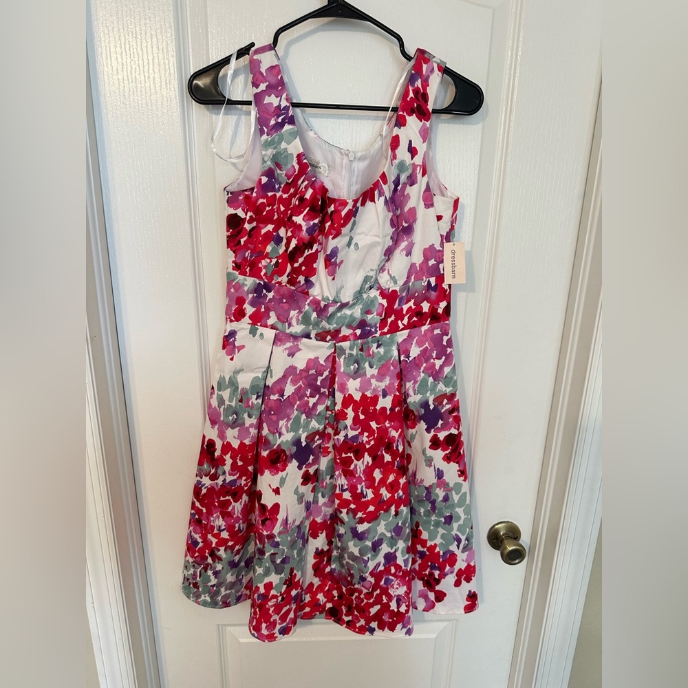 dressbarn White Floral Fit-and-Flare Dress with Red and Purple Flowers - Picture 3 of 5